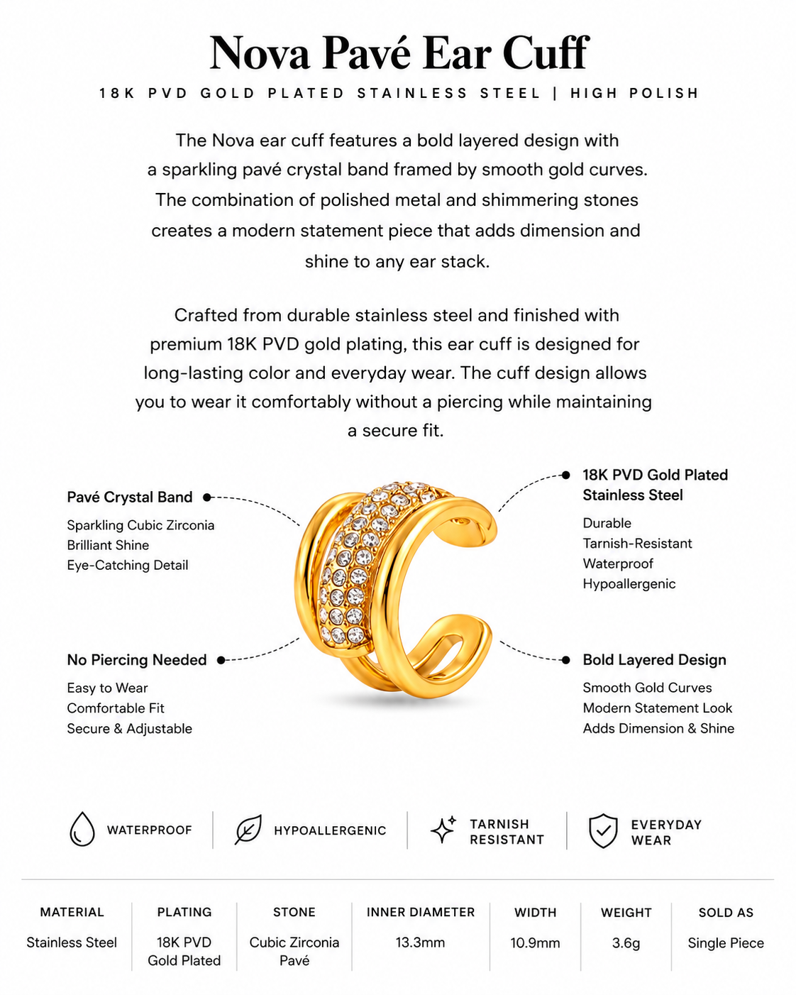 18K PVD Gold Pavé Ear Cuff – Nova