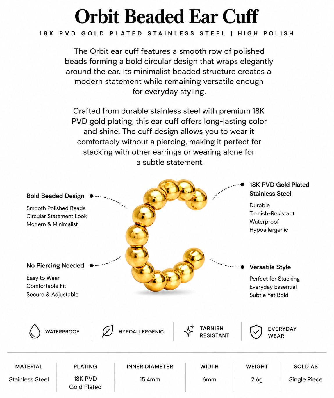 18K PVD Gold Beaded Ear Cuff – Orbit