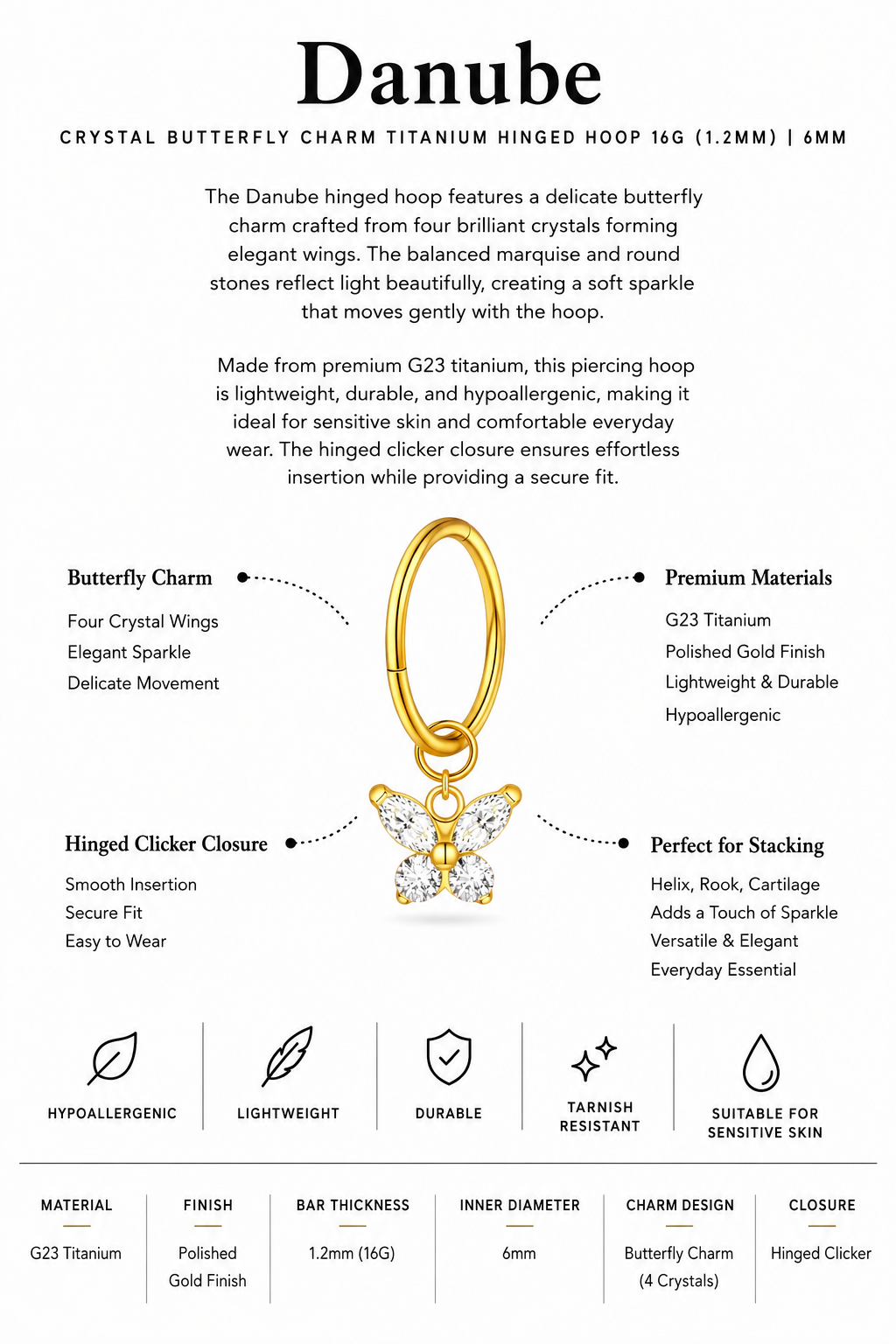 Crystal Butterfly Charm Titanium Hinged Hoop 16G 6mm – Danube