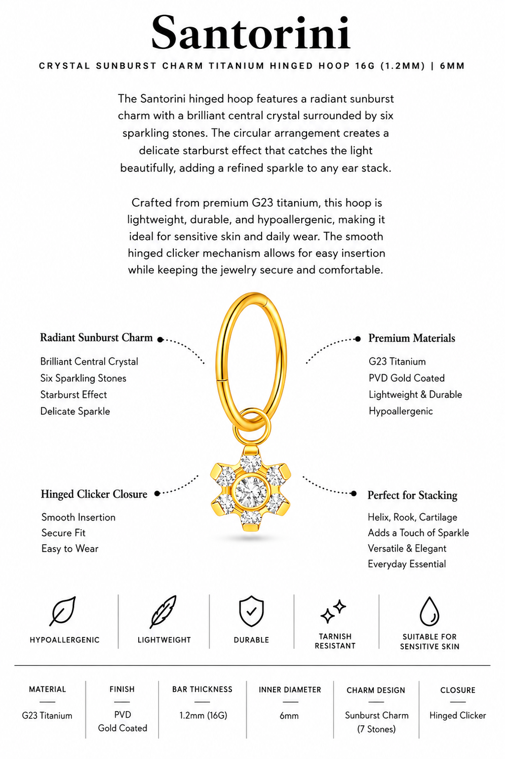 Crystal Sunburst Charm Titanium Hinged Hoop 16G 6mm – Santorini