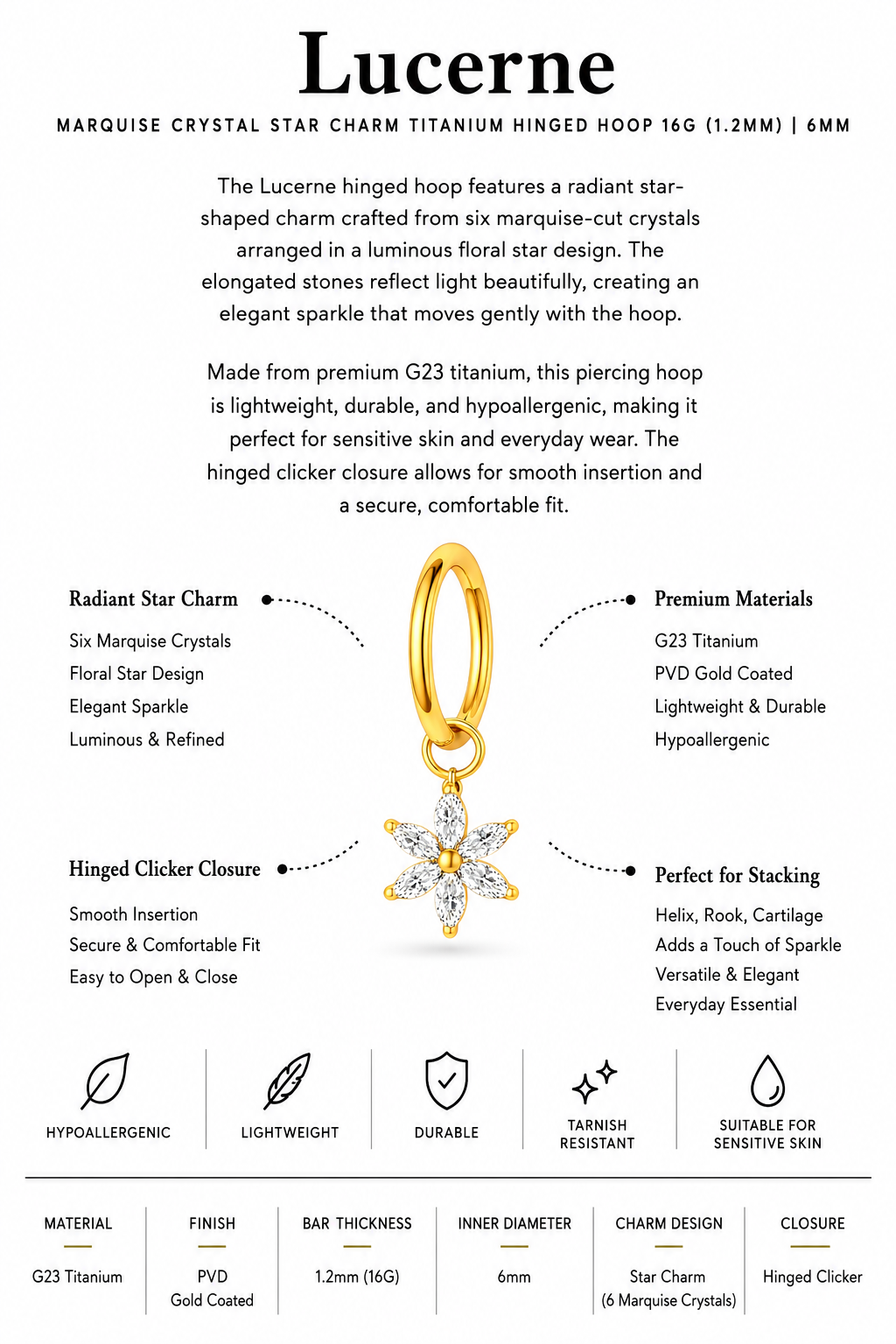Marquise Crystal Star Charm Titanium Hinged Hoop 16G 6mm – Lucerne