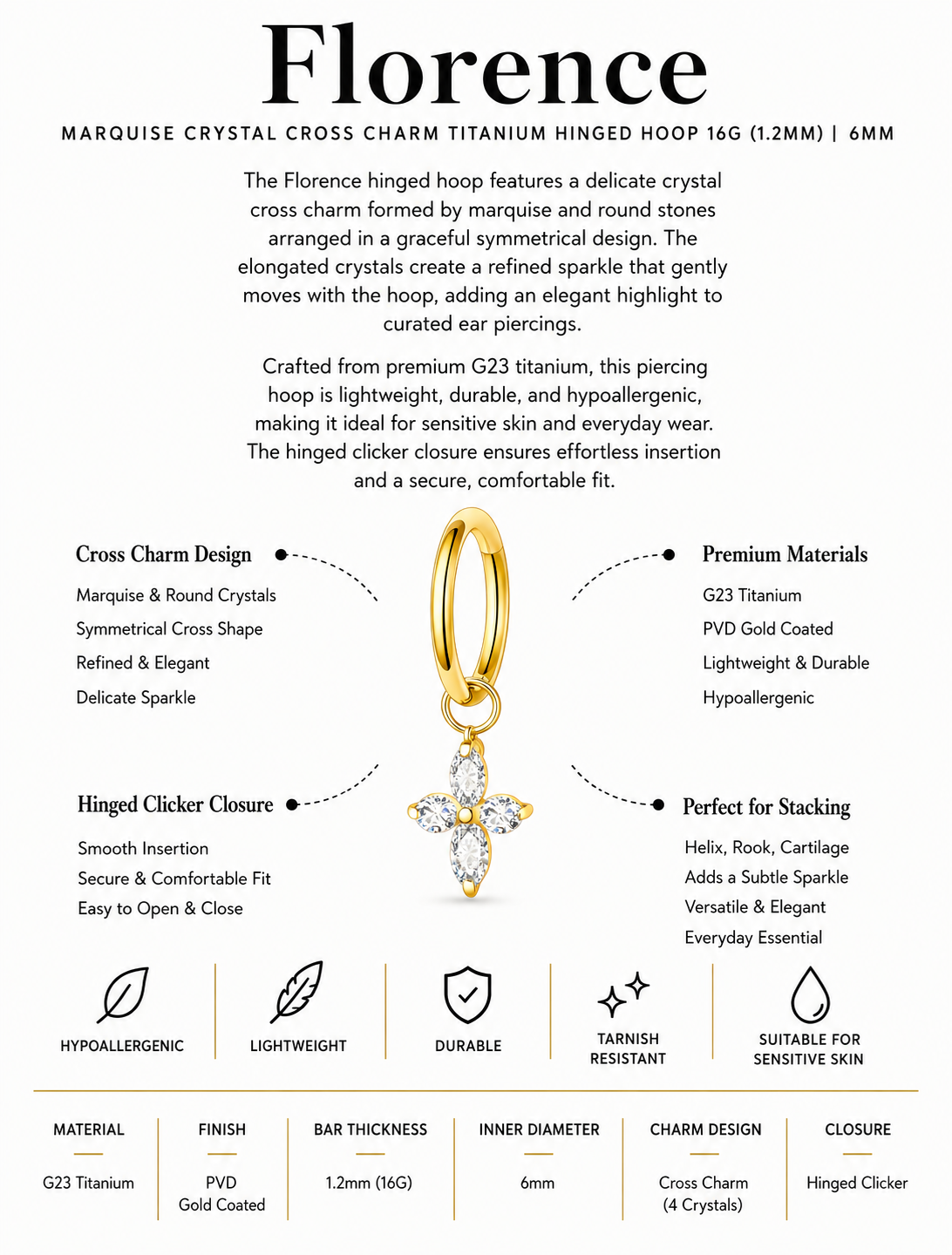 Marquise Crystal Cross Charm Titanium Hinged Hoop 16G 6mm – Florence