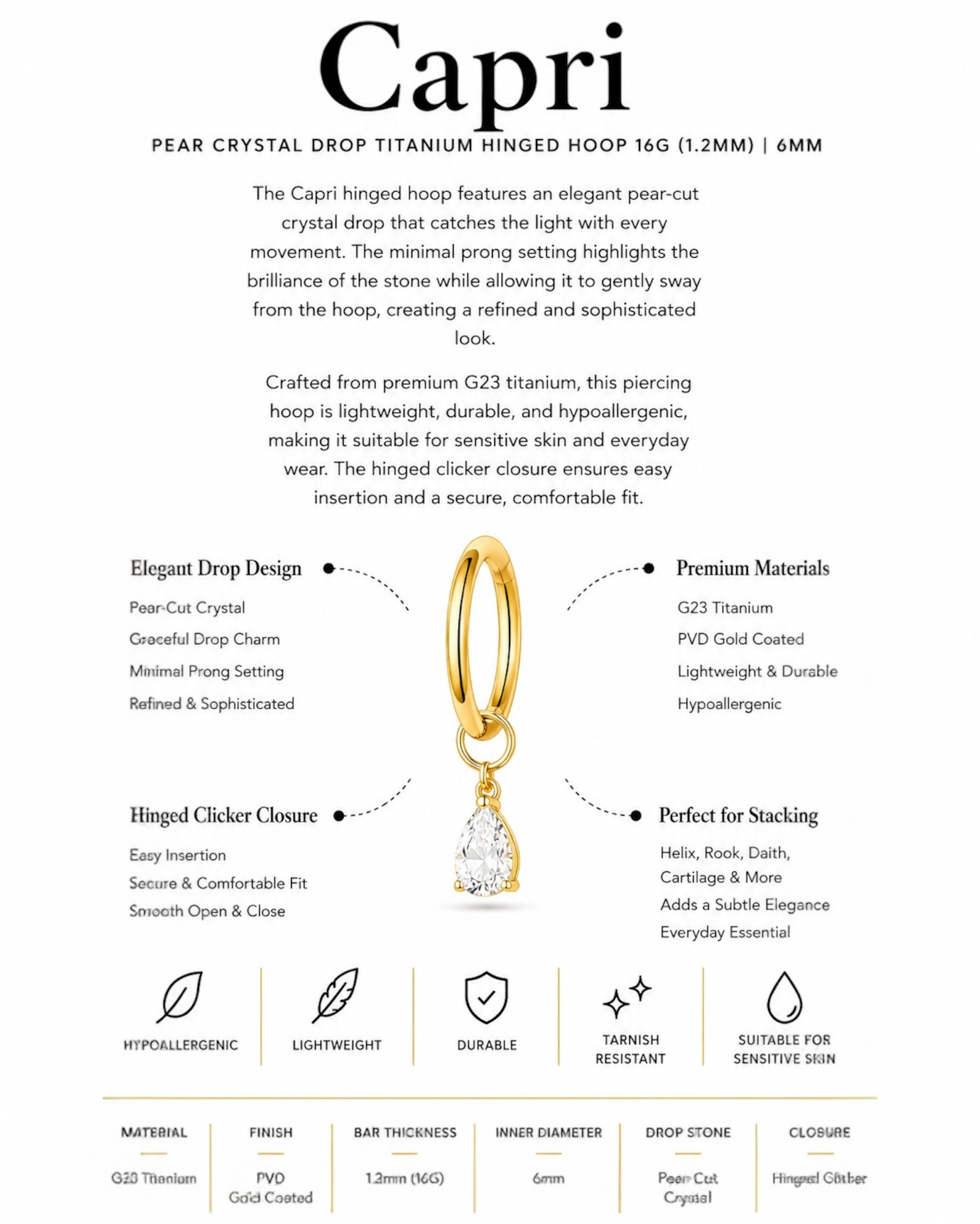 Pear Crystal Drop Titanium Hinged Hoop 16G 6mm – Capri