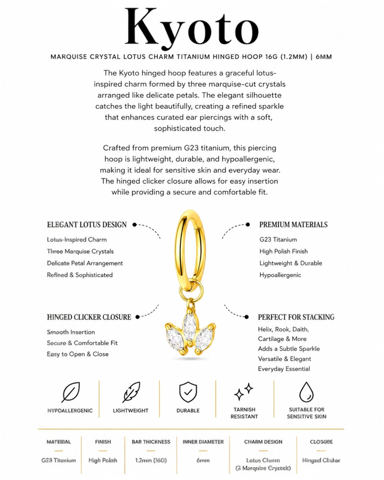 Marquise Crystal Lotus Charm Titanium Hinged Hoop 16G 6mm – Kyoto