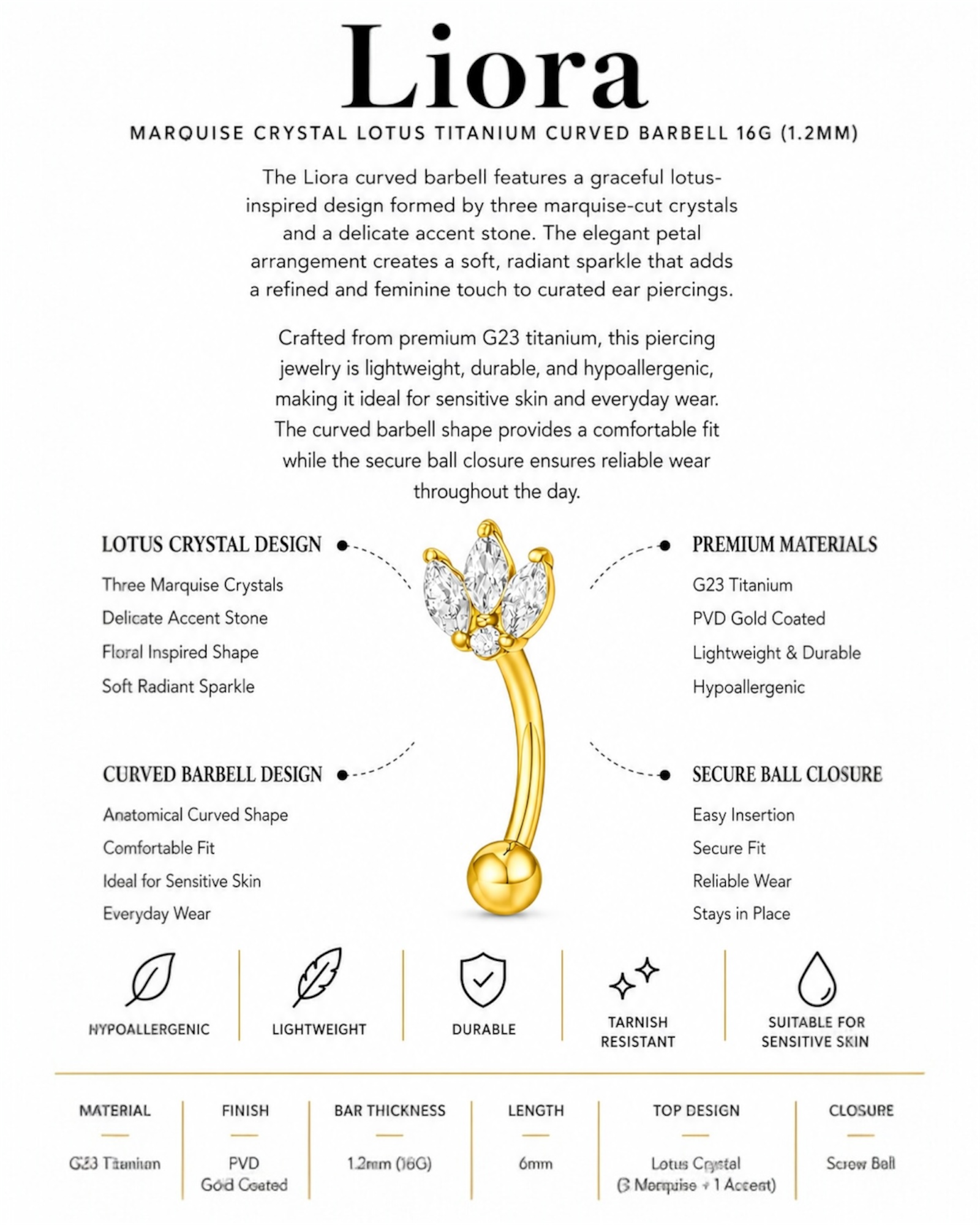 Marquise Crystal Lotus Titanium Curved Barbell 16G – Liora