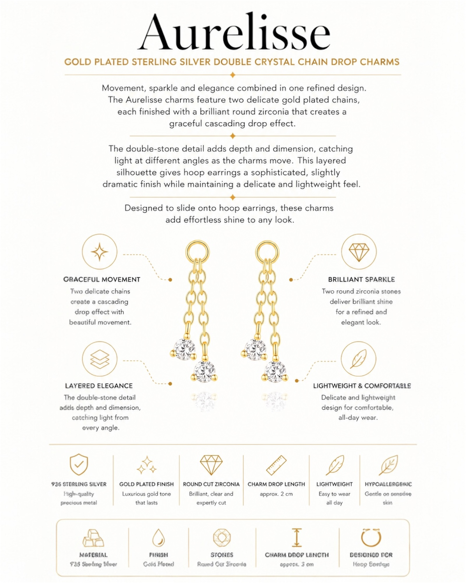 Gold Plated Sterling Silver Double Crystal Chain Drop Charms – Aurelisse