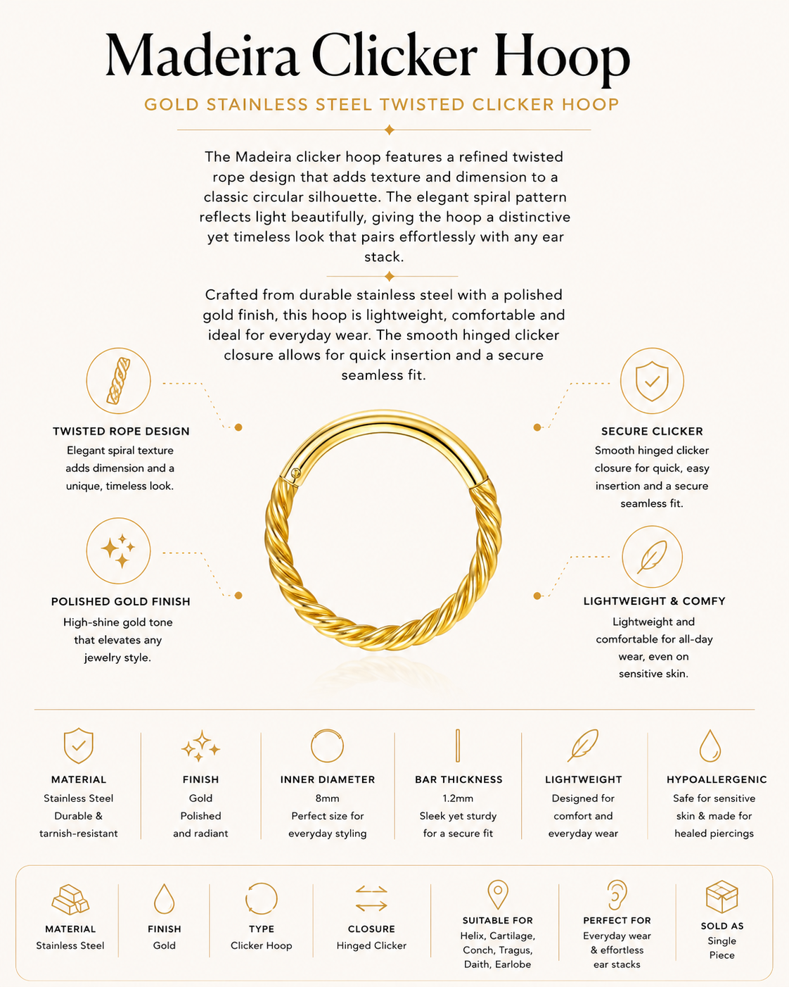 Gold Stainless Steel Twisted Clicker Hoop – Madeira