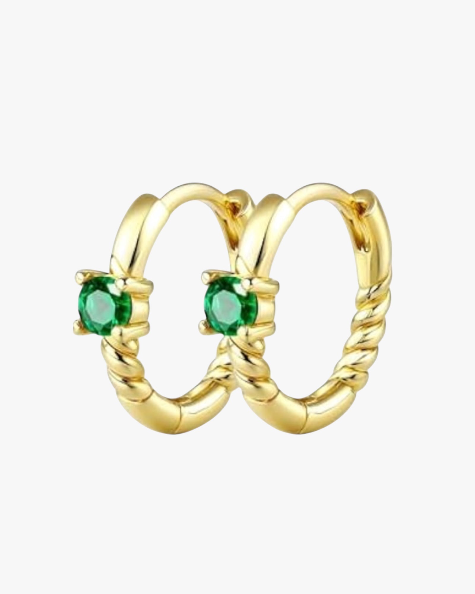 A pair of gold-colored hoop earrings with green gemstones, crafted from 14K gold plated stainless steel.
