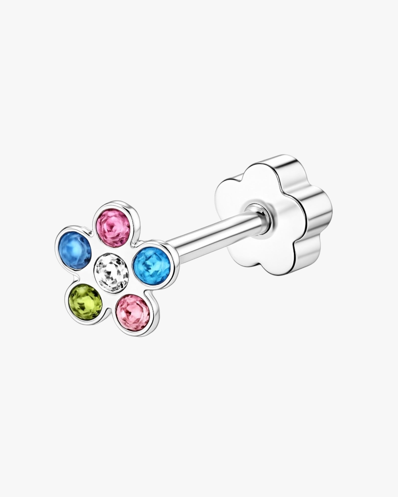 Silver earring with colorful gemstones on a white background