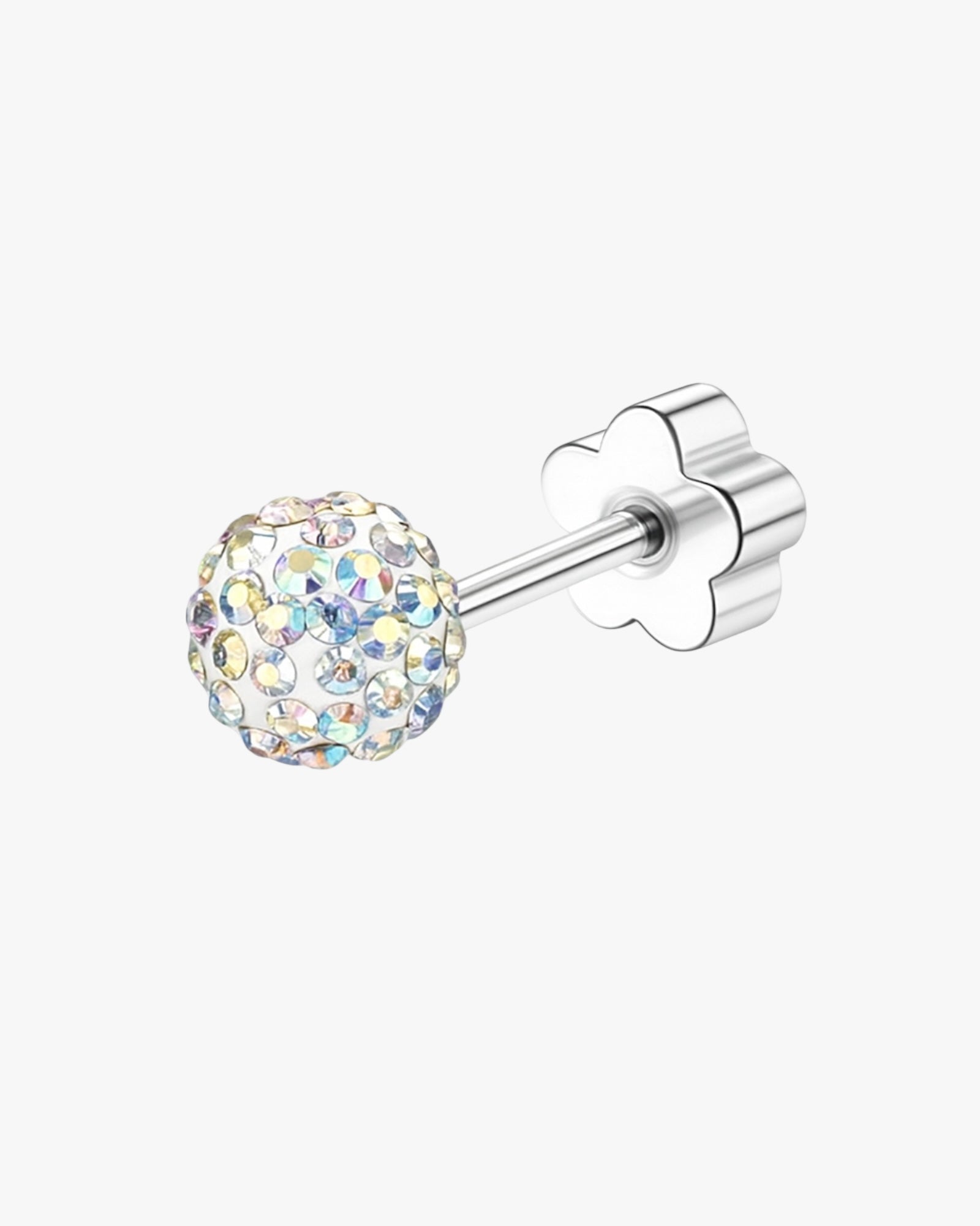 Silver stud earring with a multicolored gemstone on a white background