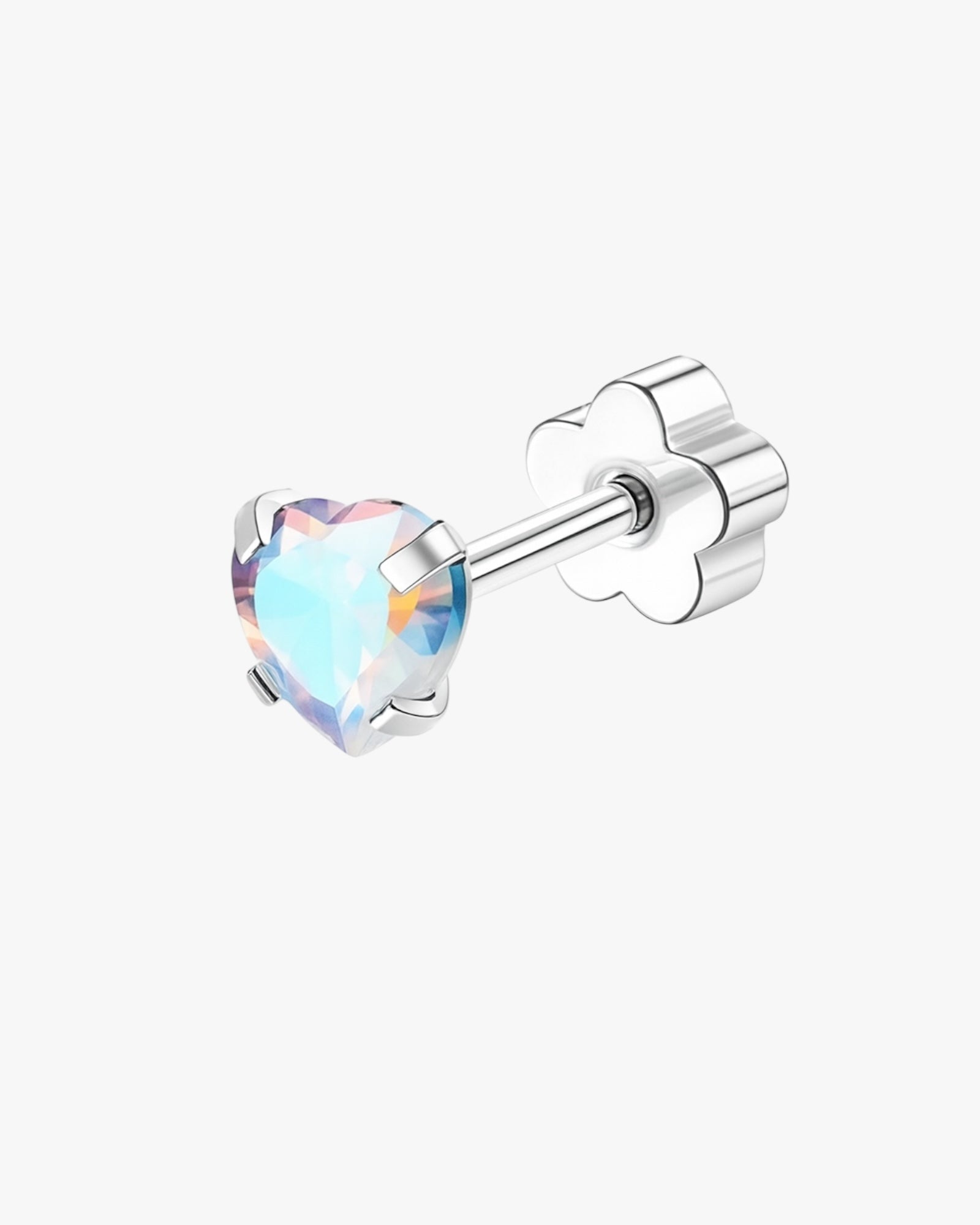 Silver heart-shaped stud earring with a colorful gemstone on a white background