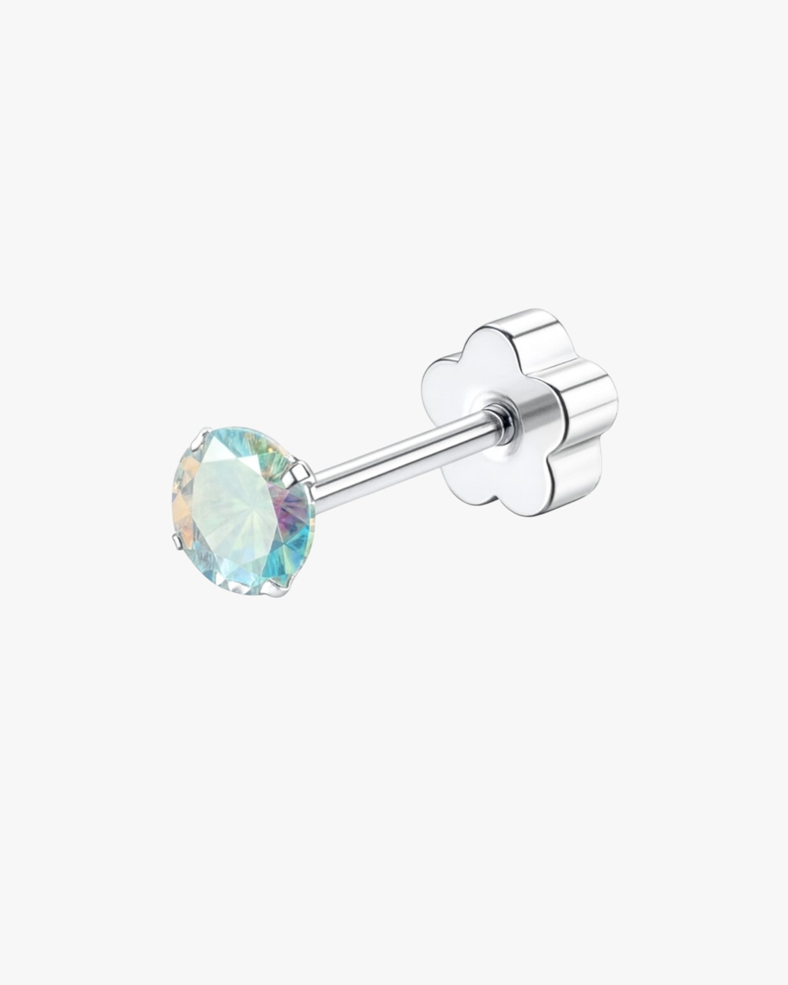 Single stud earring with a clear gemstone on a white background