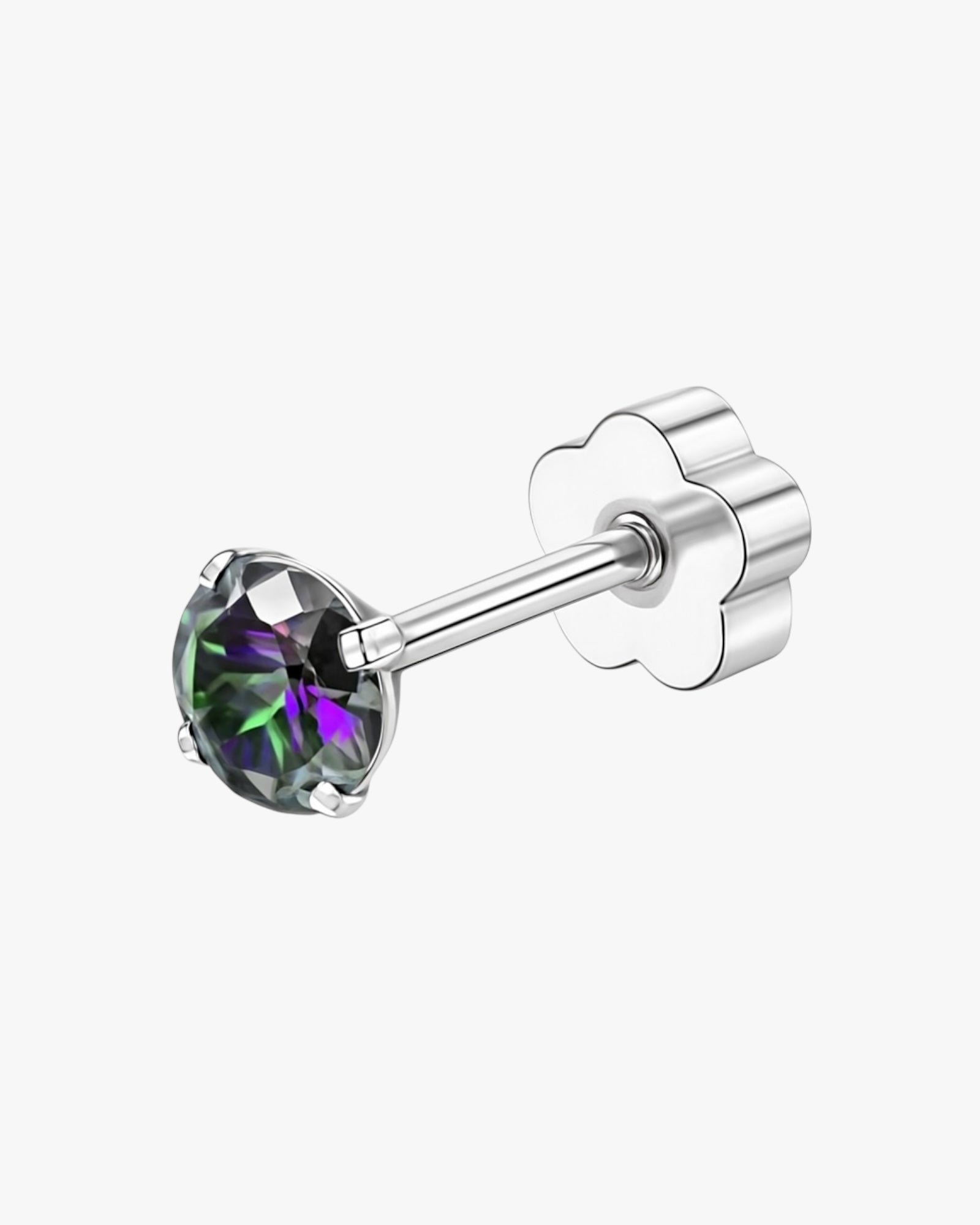 Silver stud earring with a colorful gemstone on a white background
