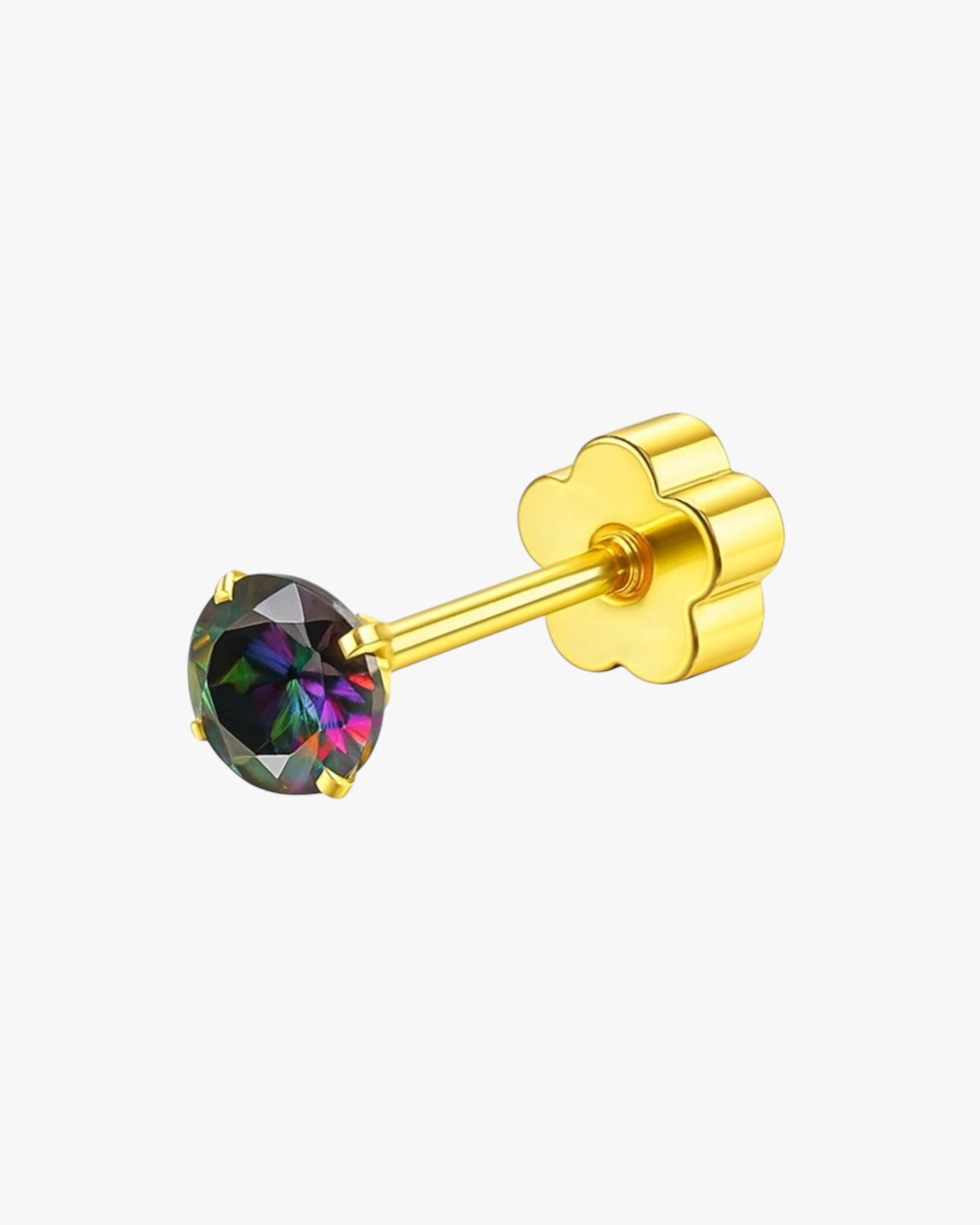 Gold earring with a multicolored gemstone on a white background