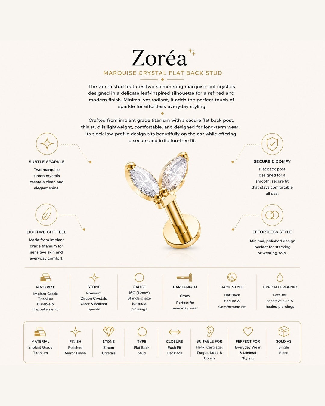 Zoréa Titanium Crystal Drop Piercing | Flat Back Cartilage Earring