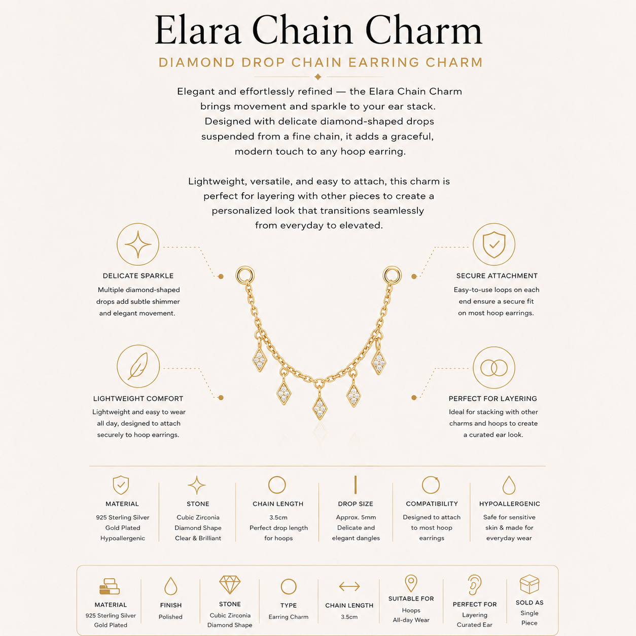 Gold Plated Sterling Silver Diamond Drop Chain Earring Charm – Elara