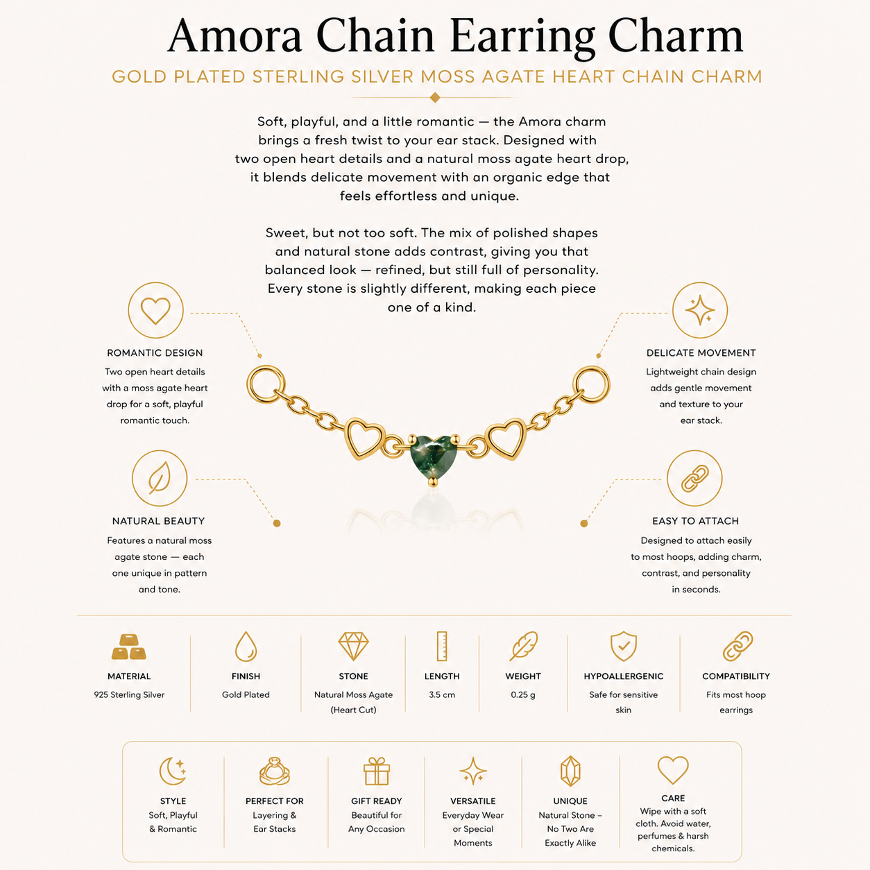 Gold Plated Sterling Silver Moss Agate Heart Chain Earring Charm – Amora