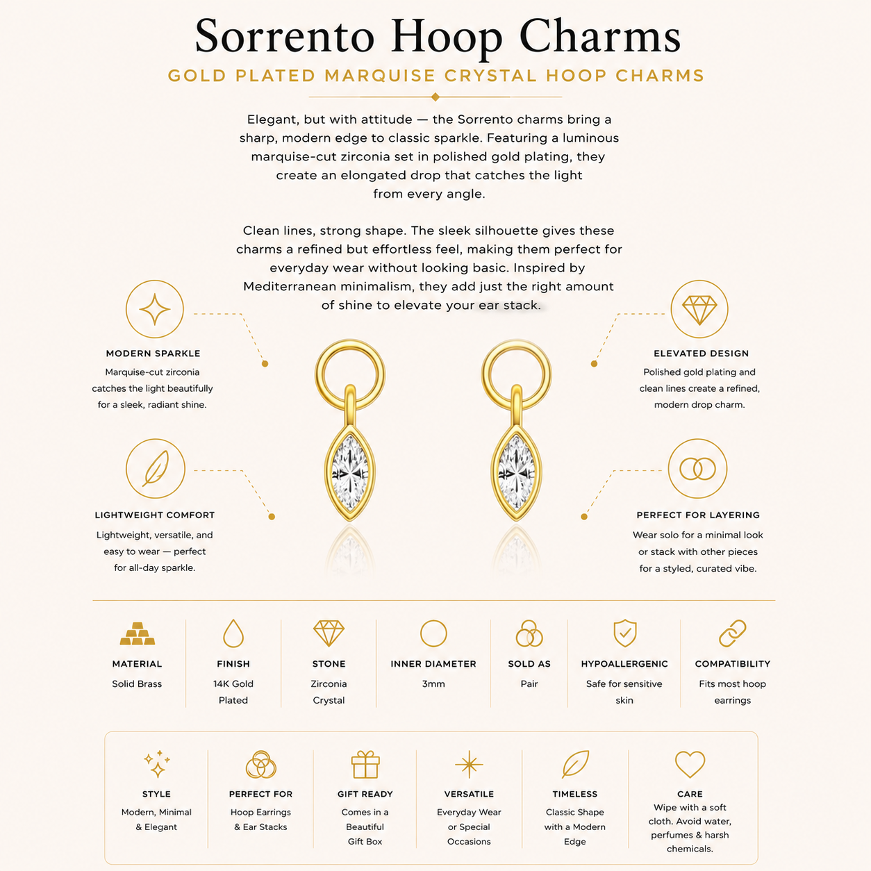 Gold Plated Marquise Crystal Hoop Charms – Sorrento