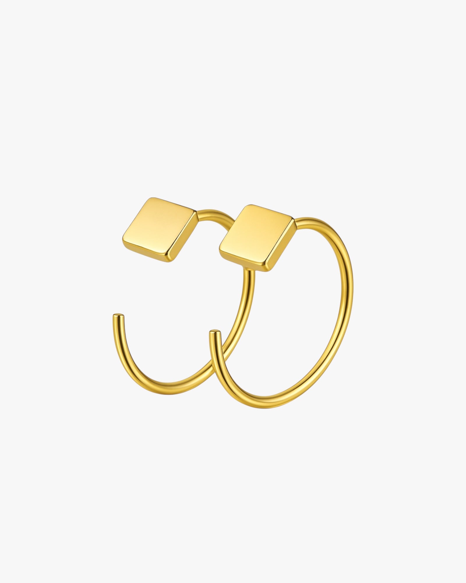 Gold hoop earrings with square tops on a white background