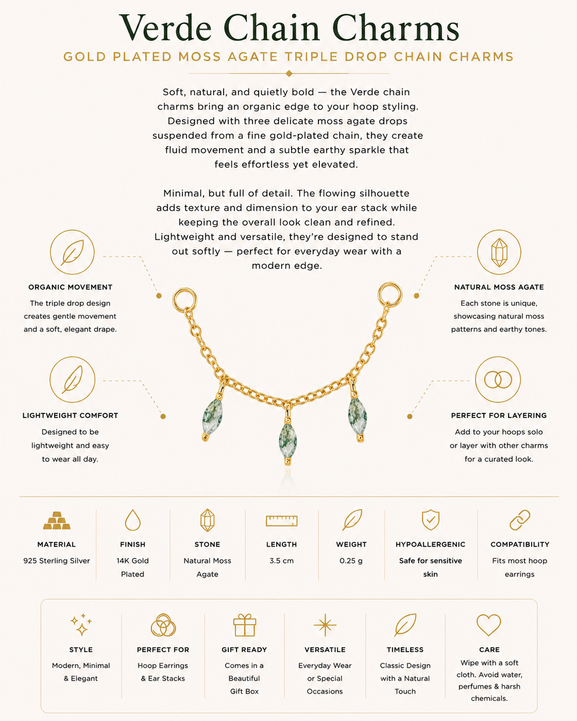 Gold Plated Sterling Silver Moss Agate Triple Drop Chain Earring Charm – Verde