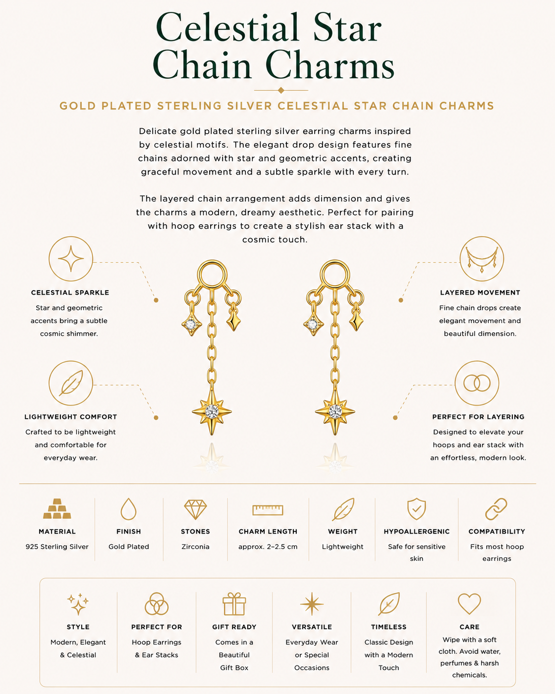Gold Plated Sterling Silver Celestial Star Chain Earring Charms – Orlienne