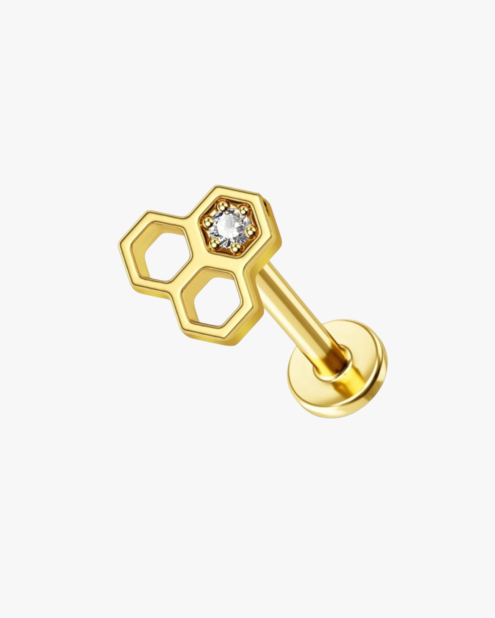 A gold-colored stainless steel stud earring with a bee hive design, featuring a small clear crystal in the center.