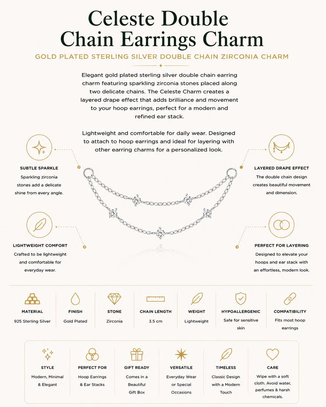 Gold Plated Sterling Silver Double Chain Zirconia Earring Charm – Celeste