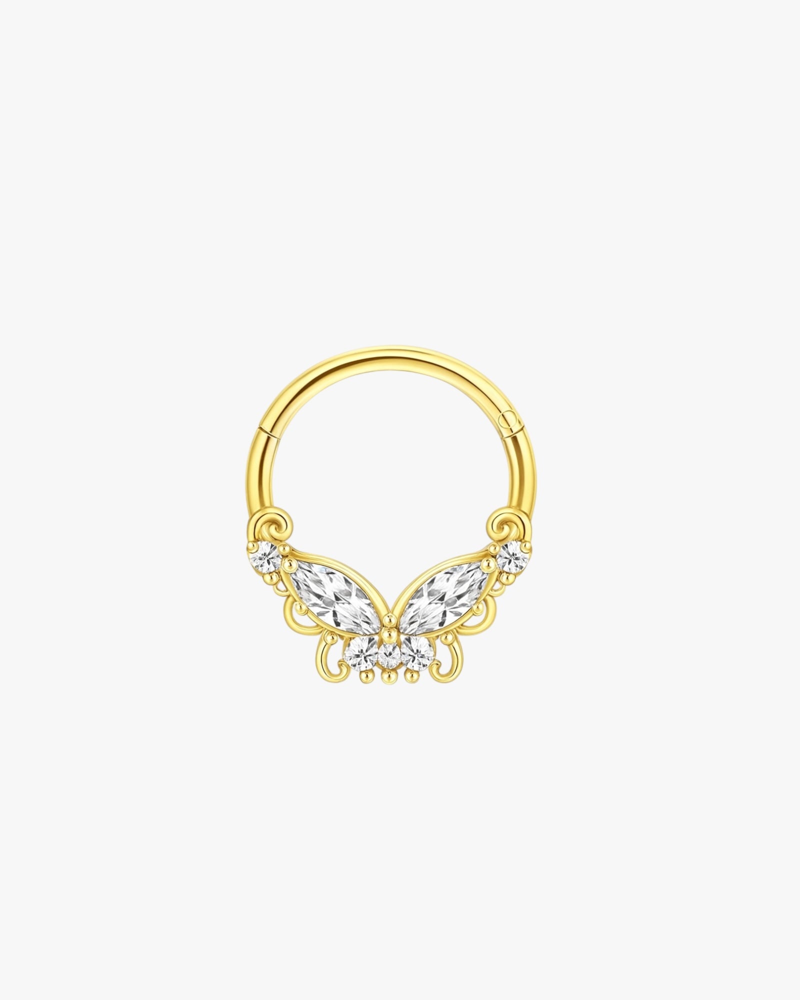 Gold butterfly-shaped earring with clear stones on a white background