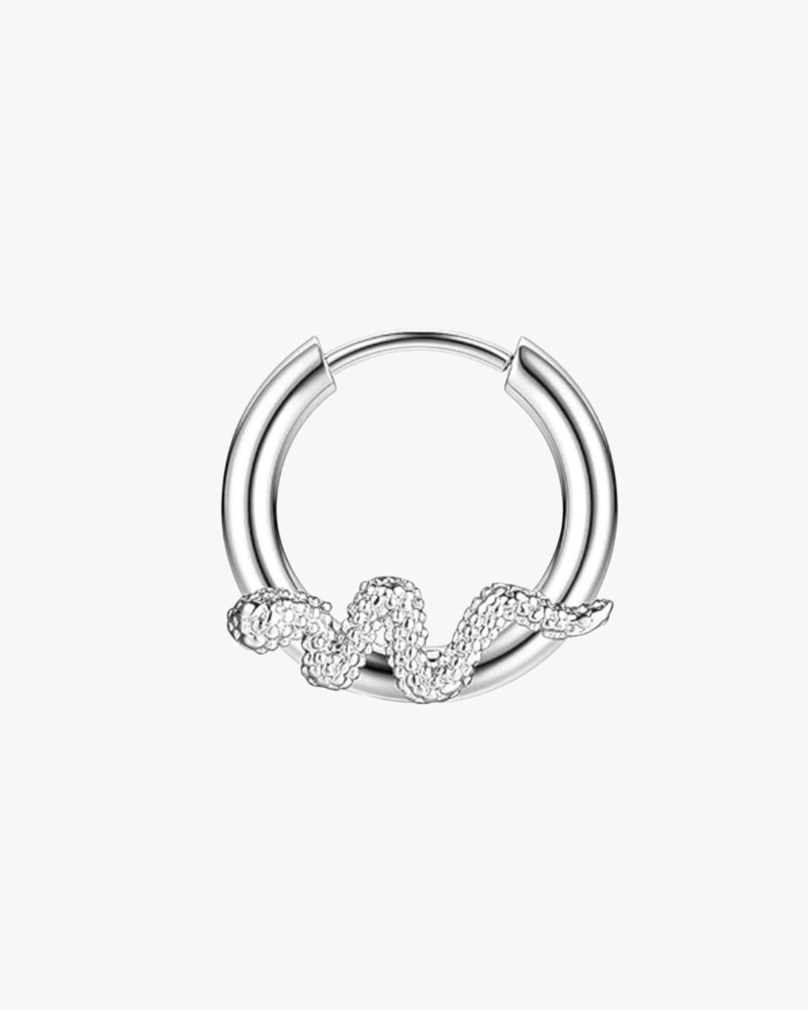 A silver-colored stainless steel hoop with a snake design pattern, intended for use as body jewelry.