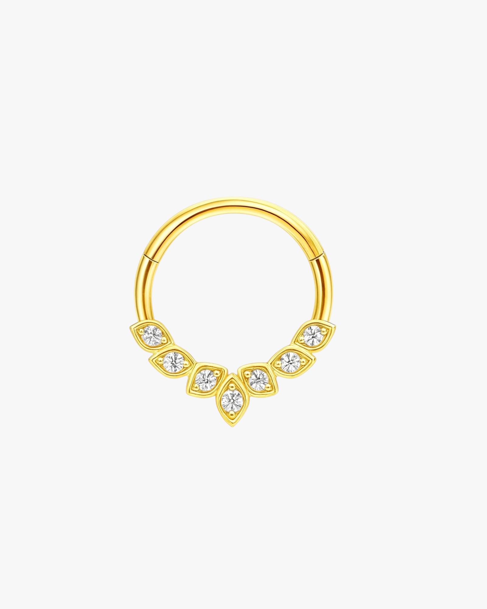 Gold clicker hoop with gemstones on a white background
