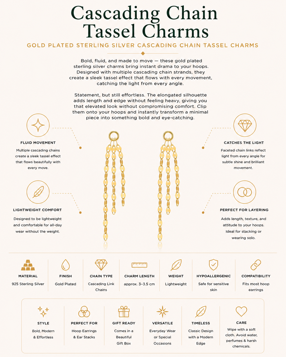 Gold Plated Sterling Silver Cascading Chain Tassel Earring Charms – Valeris