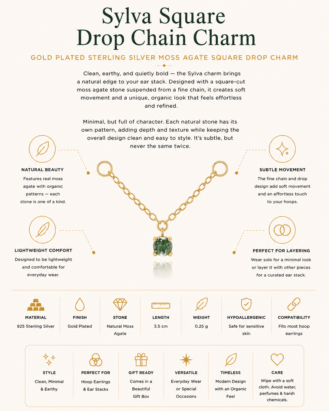 Gold Plated Sterling Silver Moss Agate Square Drop Chain Earring Charm – Sylva