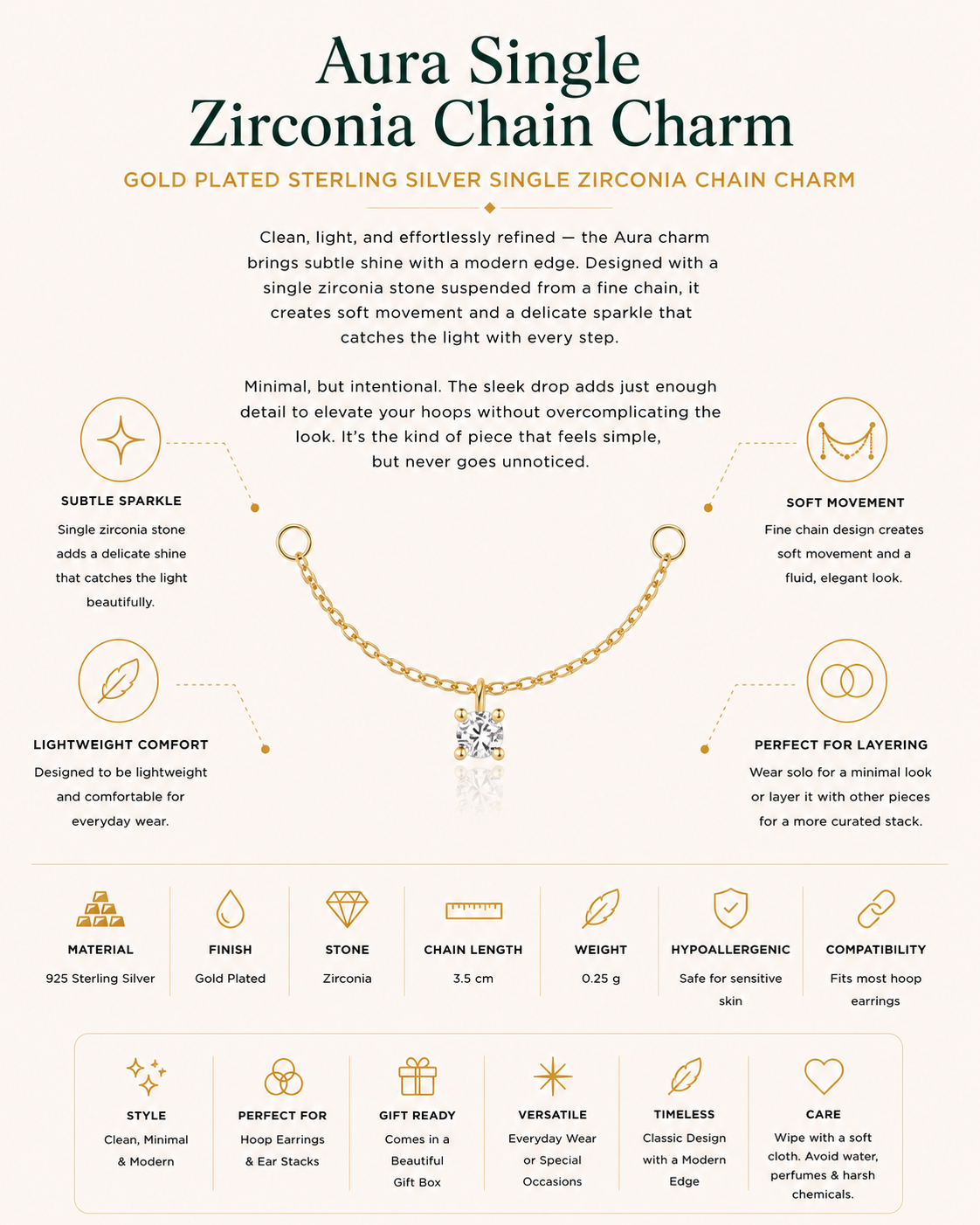 Gold Plated Sterling Silver Single Zirconia Chain Earring Charm – Aura