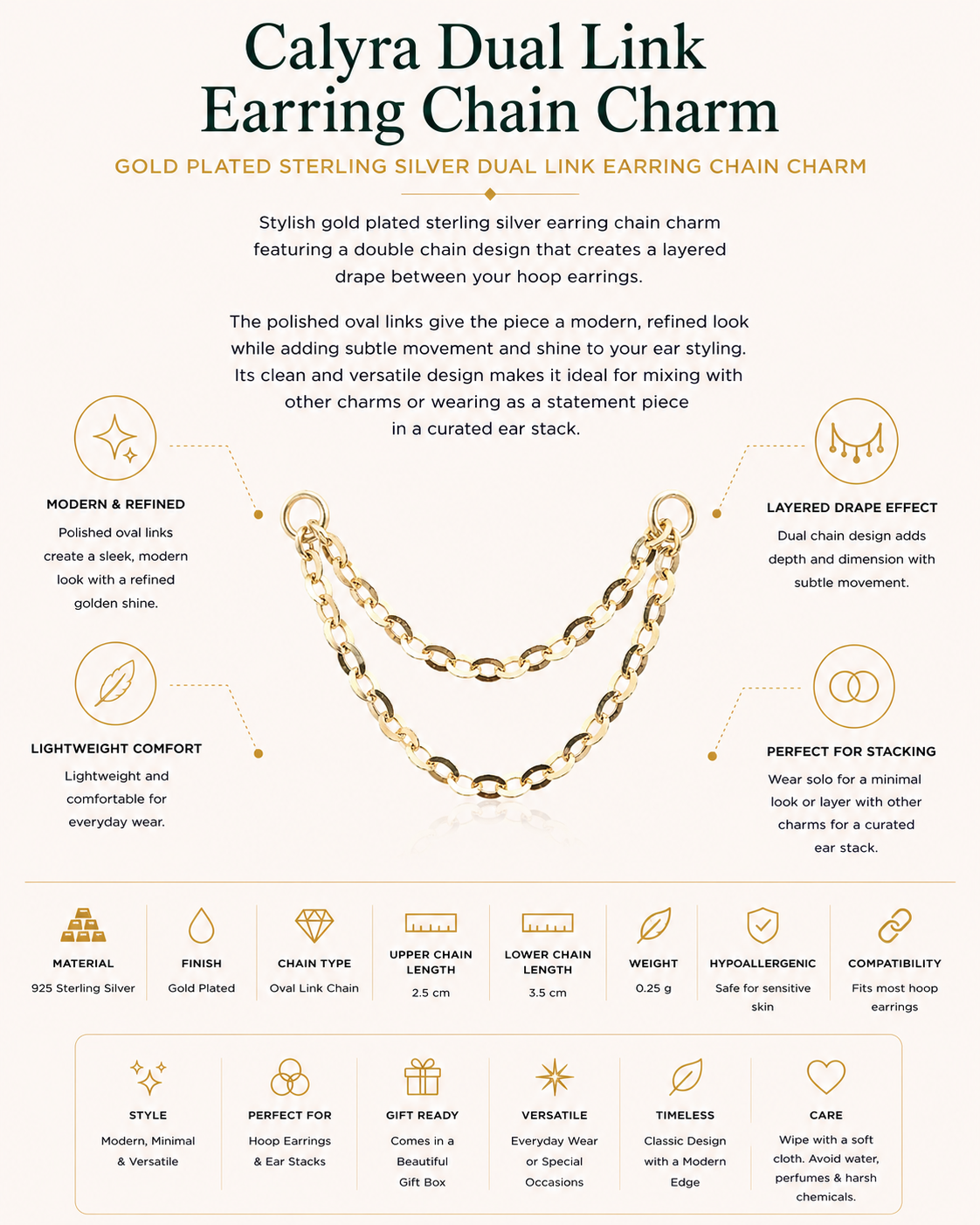 Gold Plated Sterling Silver Dual Link Earring Chain Charm – Calyra