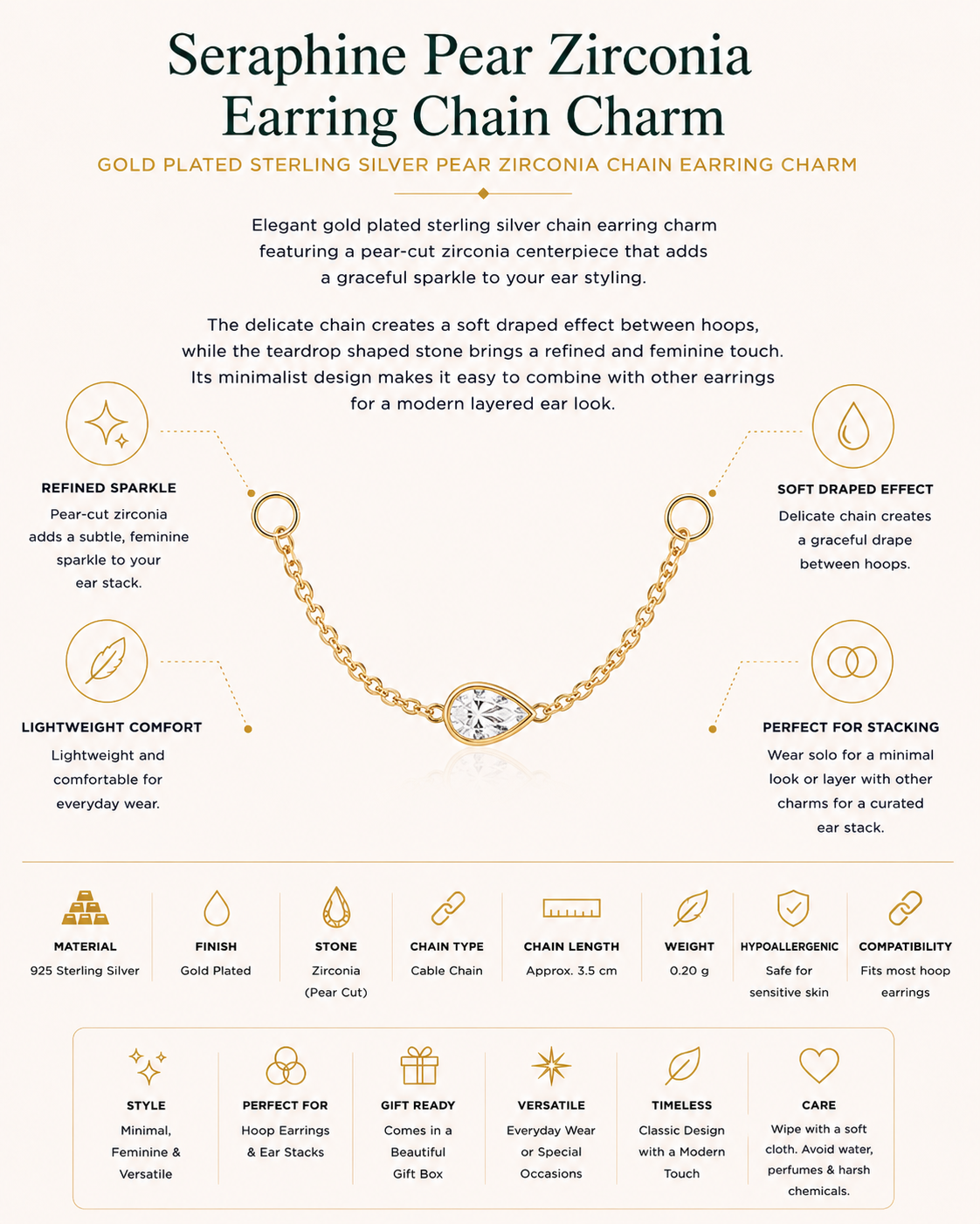 Gold Plated Sterling Silver Pear Zirconia Chain Earring Charm – Seraphine