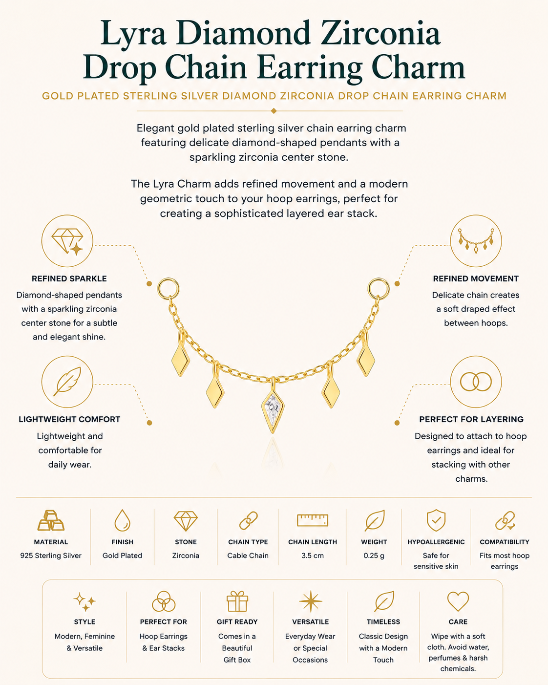 Gold Plated Sterling Silver Diamond Zirconia Drop Chain Earring Charm – Lyra