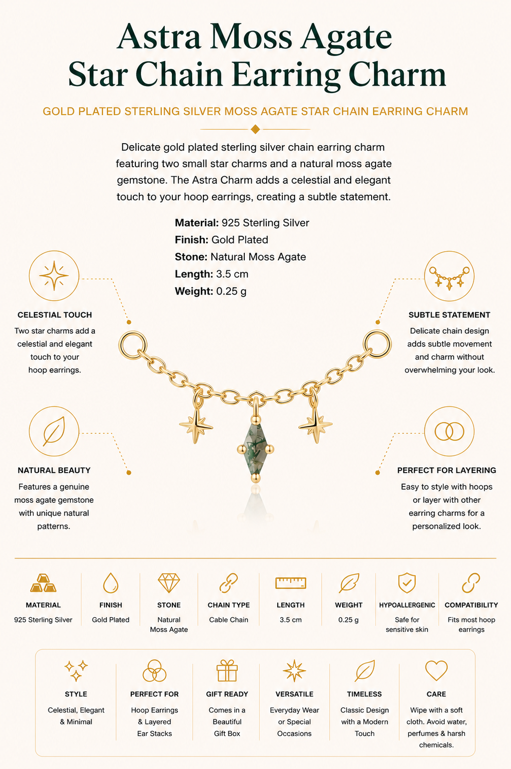 Gold Plated Sterling Silver Moss Agate Star Chain Earring Charm – Astra