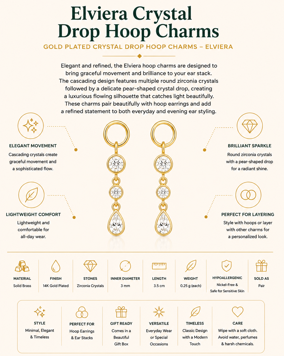 Gold Plated Crystal Drop Hoop Charms – Elviera