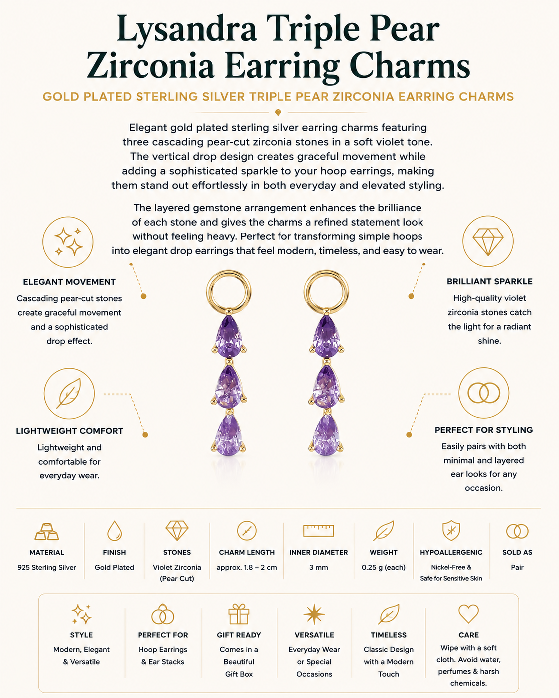Gold Plated Sterling Silver Triple Pear Zirconia Earring Charms – Lysandra