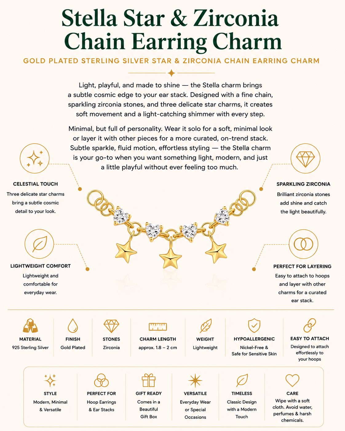 Gold Plated Sterling Silver Star & Zirconia Chain Earring Charm – Stella