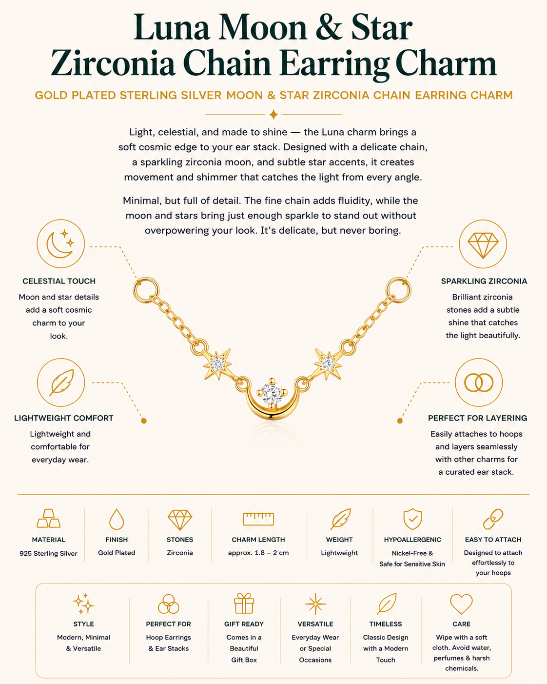 Gold Plated Sterling Silver Moon & Star Zirconia Chain Earring Charm – Luna