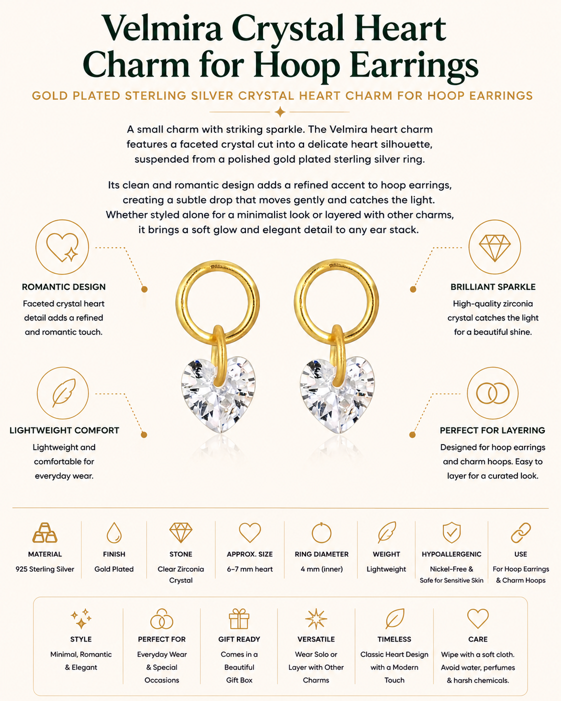 Gold Plated Sterling Silver Crystal Heart Charm for Hoop Earrings – Velmira