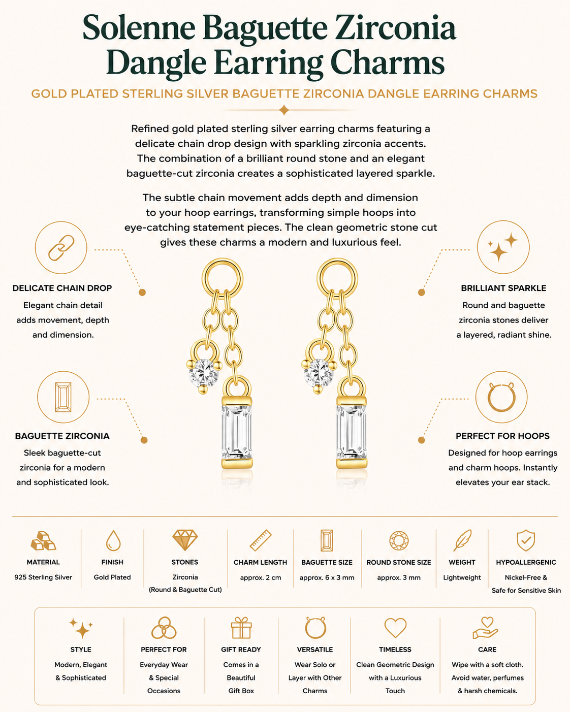 Gold Plated Sterling Silver Baguette Zirconia Dangle Earring Charms – Solenne