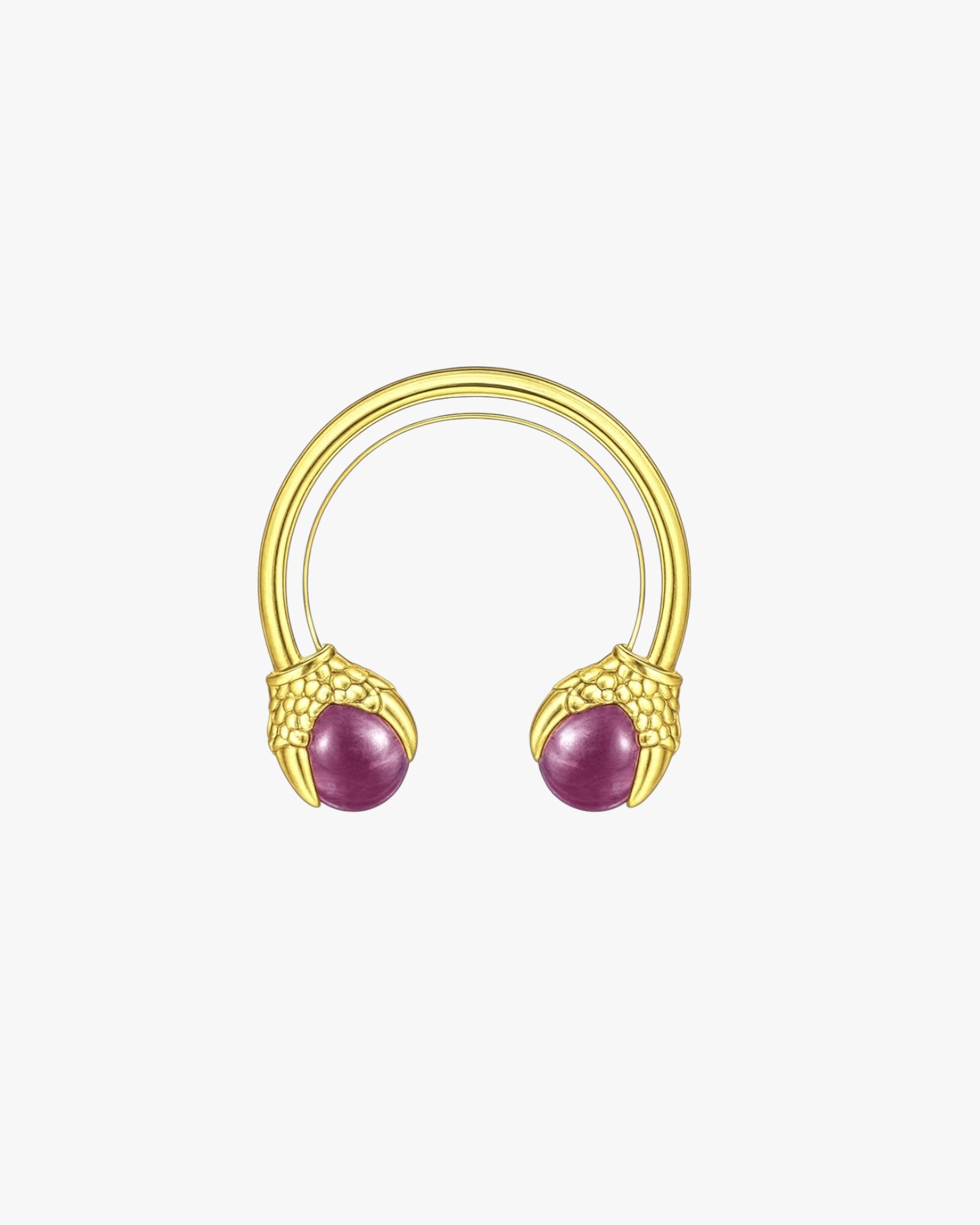 Gold nose ring with purple gemstones on a white background