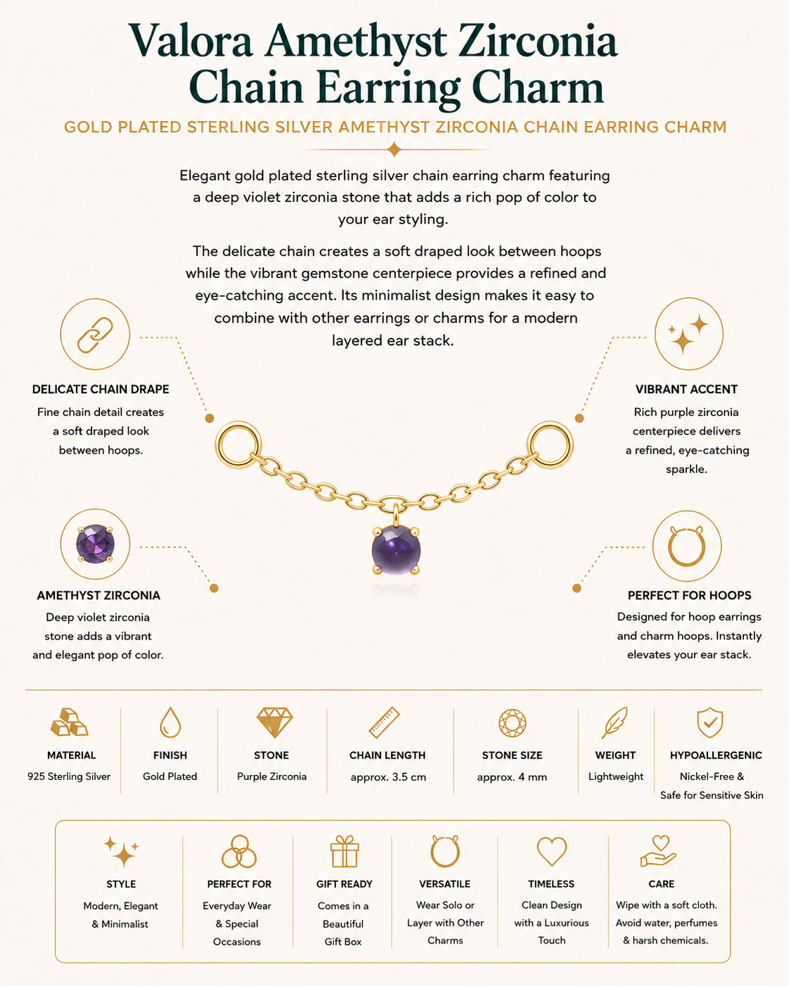 Gold Plated Sterling Silver Amethyst Zirconia Chain Earring Charm – Valora