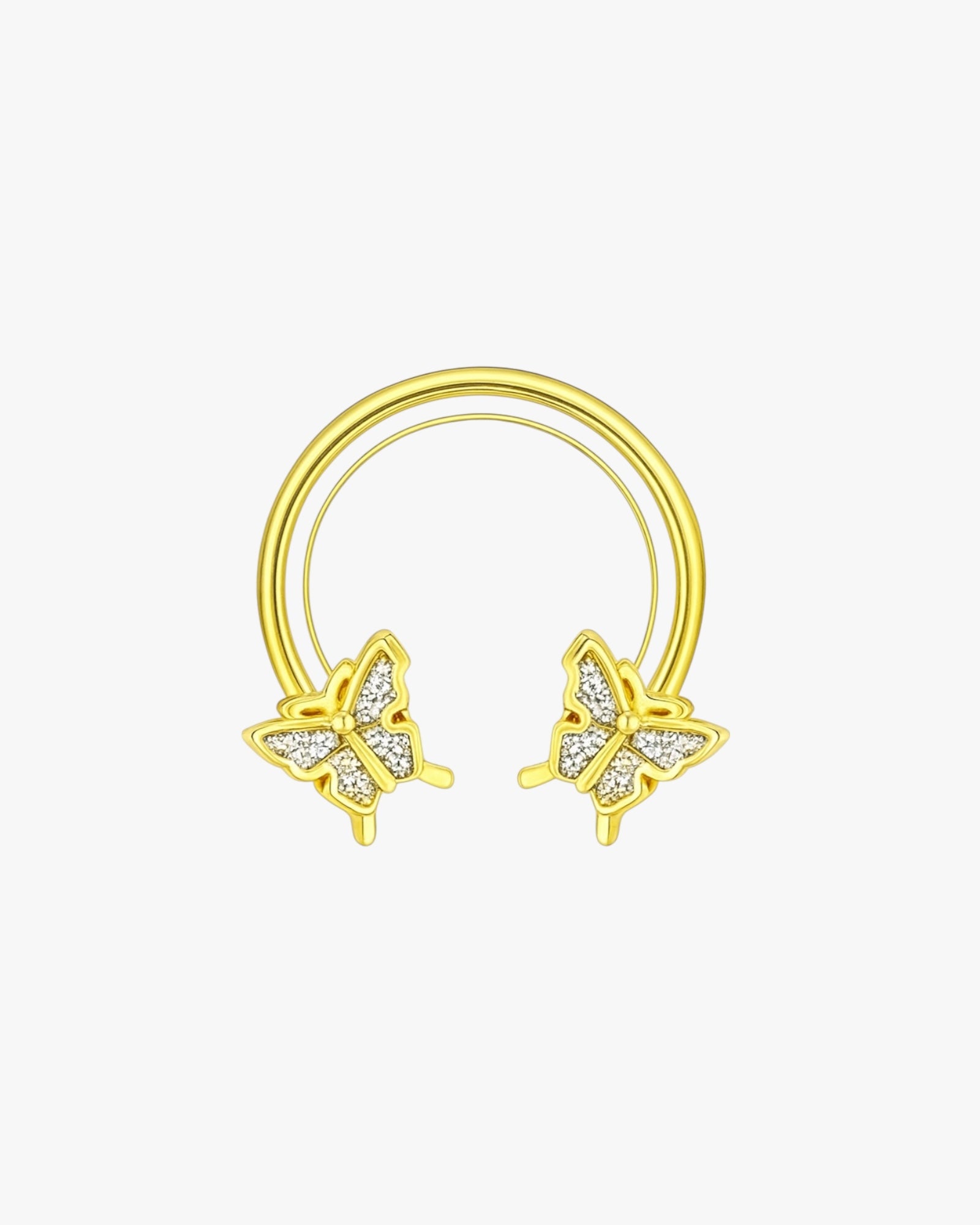 Gold hoop earrings with butterfly designs on a white background