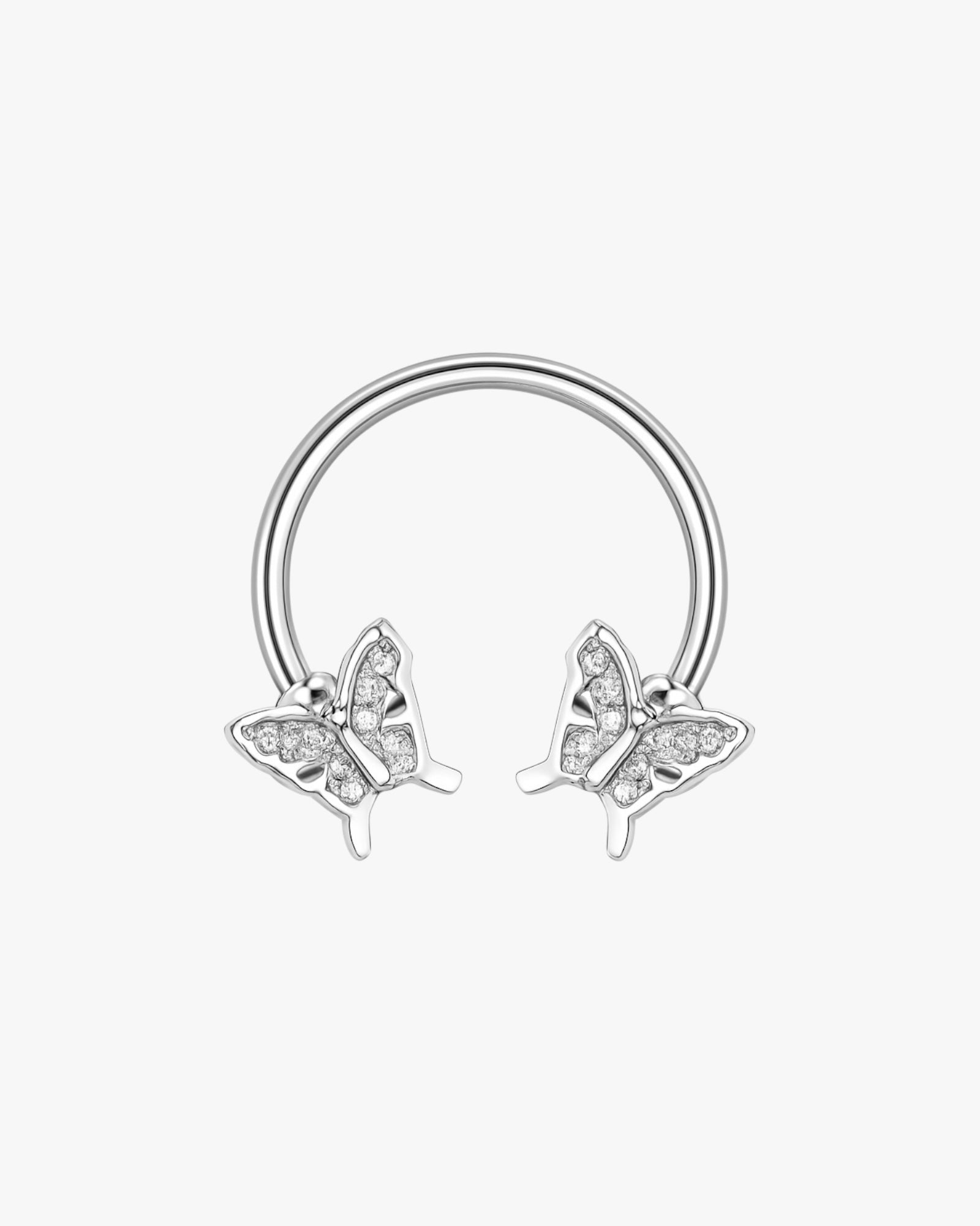 Silver hoop earring with butterfly designs on a white background