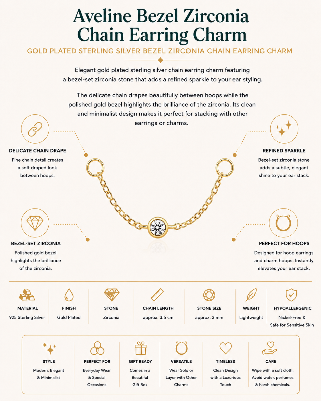 Gold Plated Sterling Silver Bezel Zirconia Chain Earring Charm – Aveline