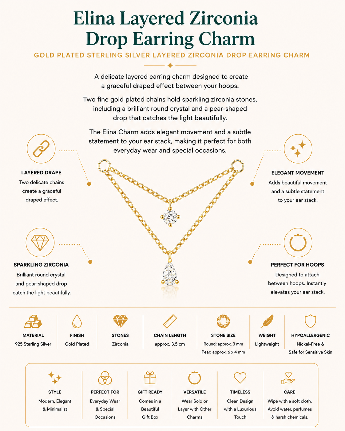 Gold Plated Sterling Silver Layered Zirconia Drop Earring Charm – Elina