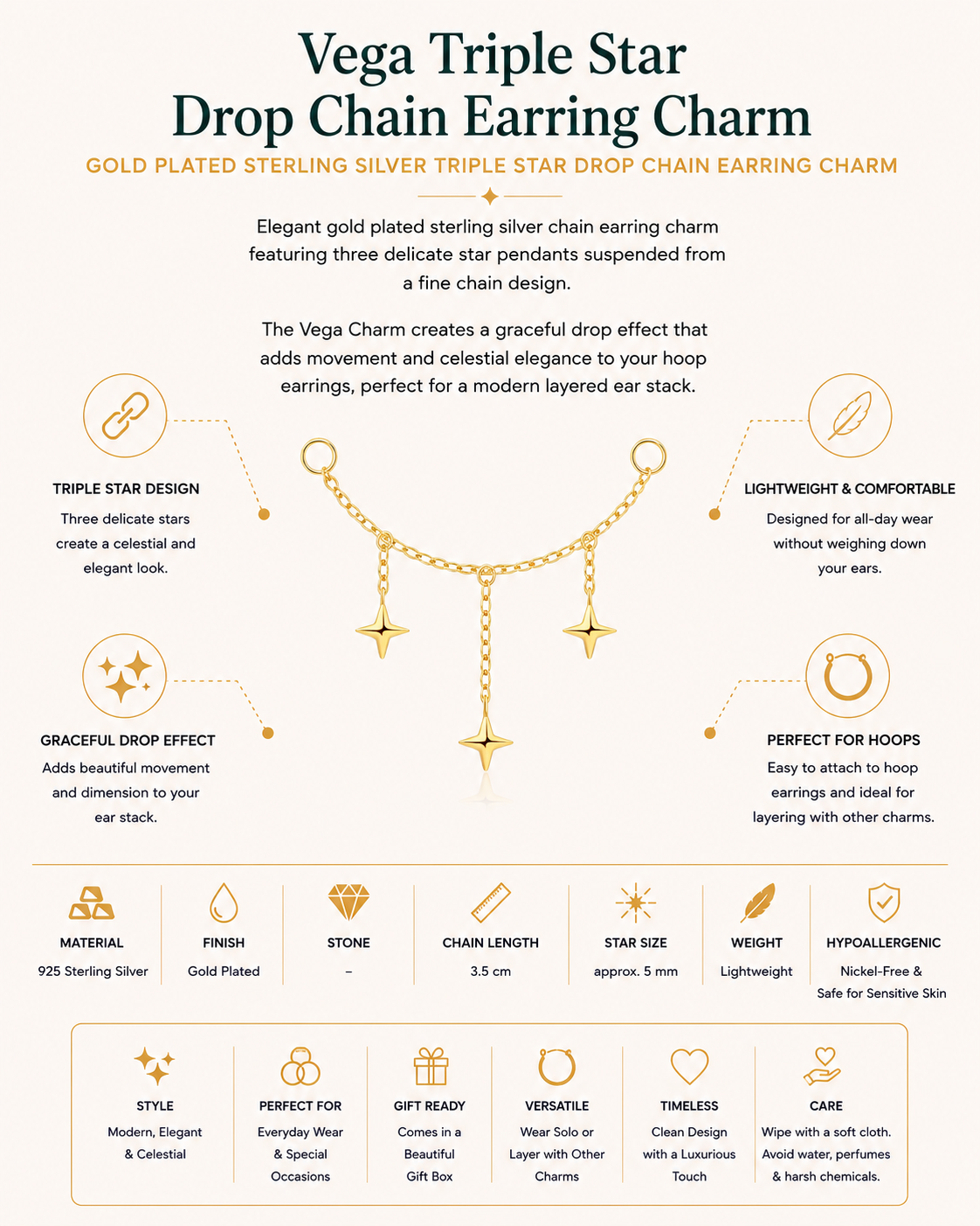 Gold Plated Sterling Silver Triple Star Drop Chain Earring Charm – Vega